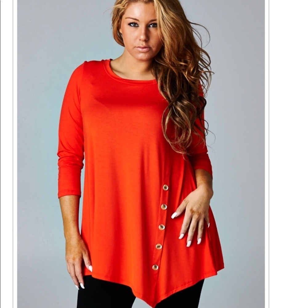 Tomato Red Plus Size Button Top Long Sleeve
